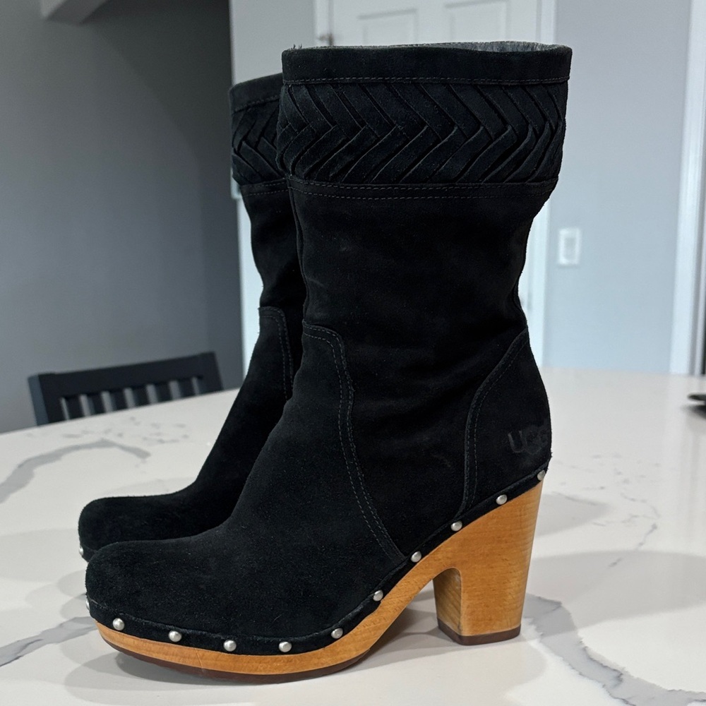 UGG Black Suede Clog Boots with Wooden Sole